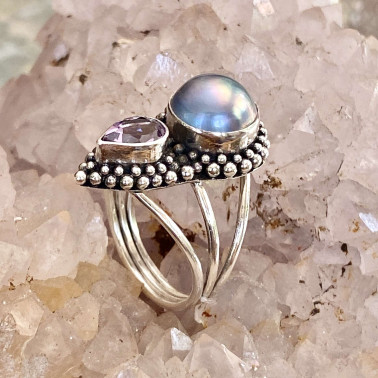 RR 15320 BPL-(HANDMADE 925 BALI SILVER FILIGREE RINGS WITH BLUE MABE PEARL)